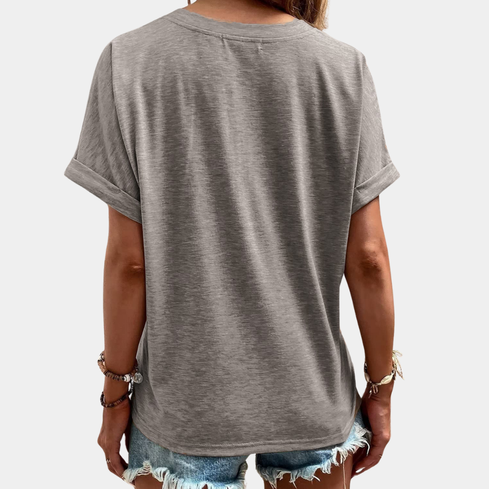 Blusa Casual de Manga Curta com Decote em V e Botões