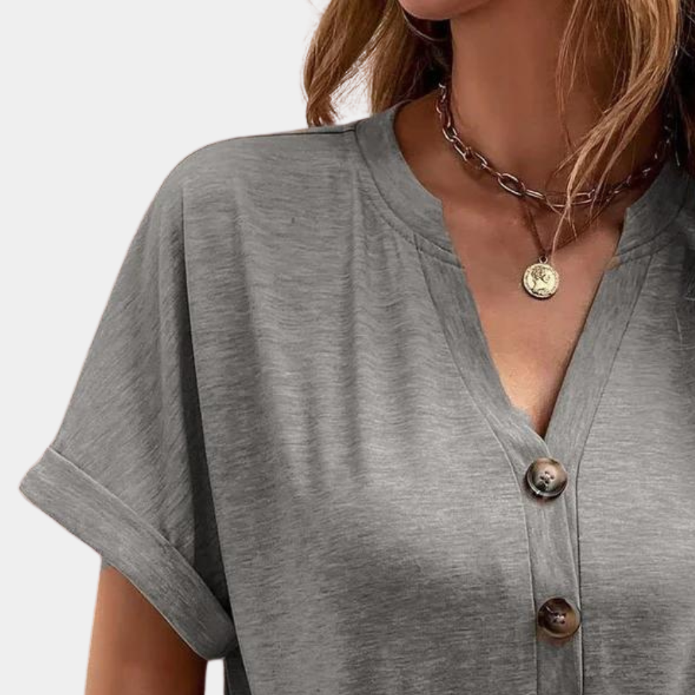 Blusa Casual de Manga Curta com Decote em V e Botões