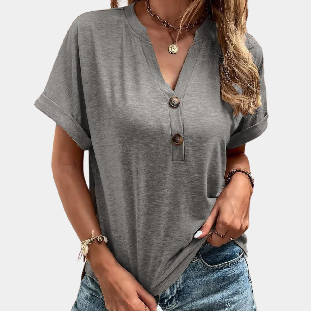 Blusa Casual de Manga Curta com Decote em V e Botões