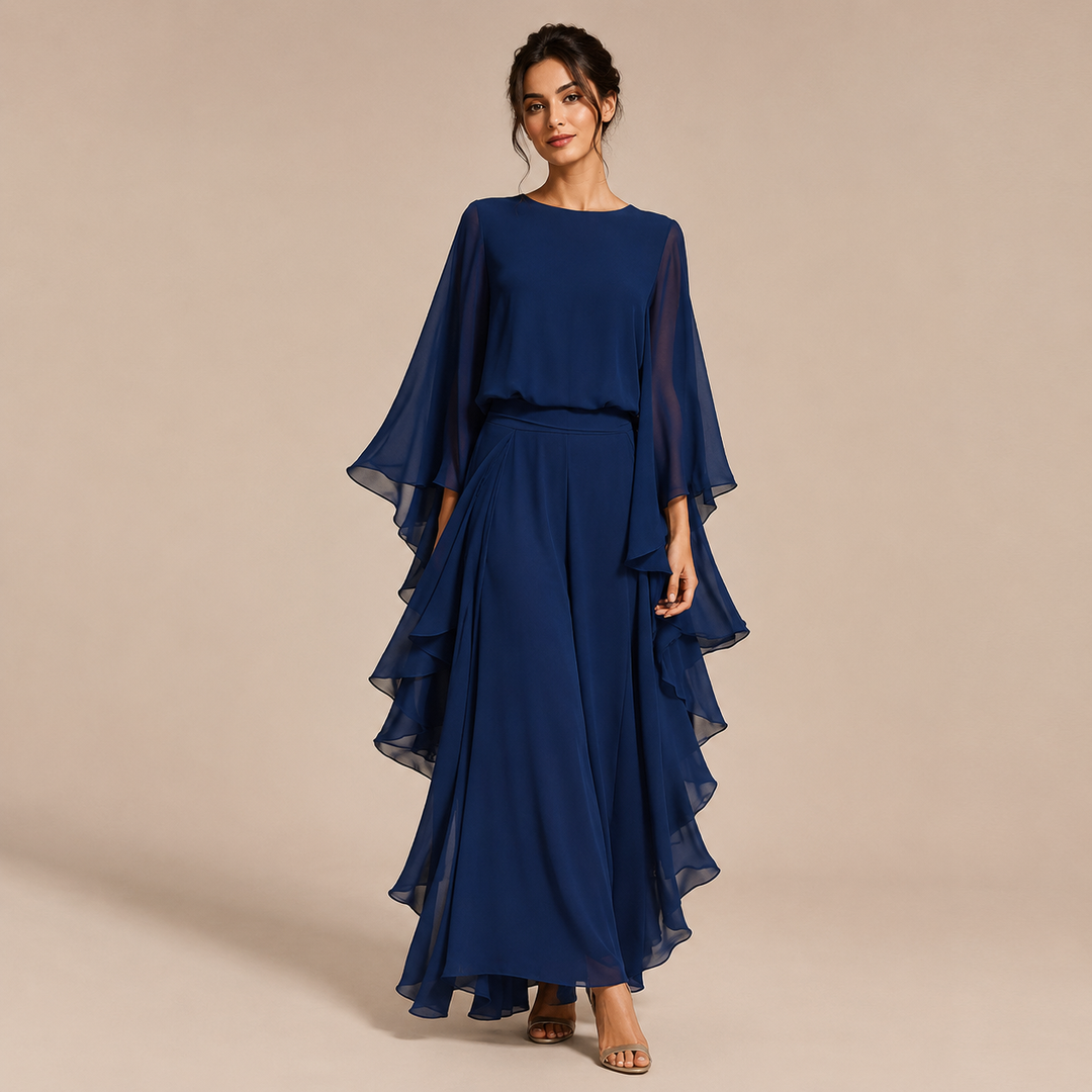 Lourdes – Conjunto de 2 Peças em Chiffon Azul-Marinho com Mangas Fluidas
