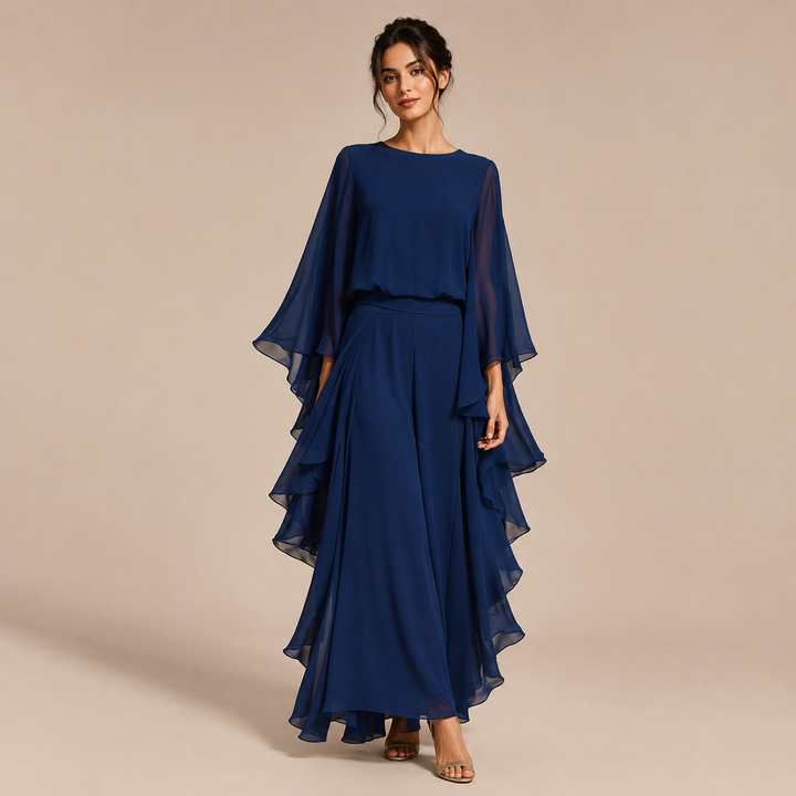 Lourdes – Conjunto de 2 Peças em Chiffon Azul-Marinho com Mangas Fluidas