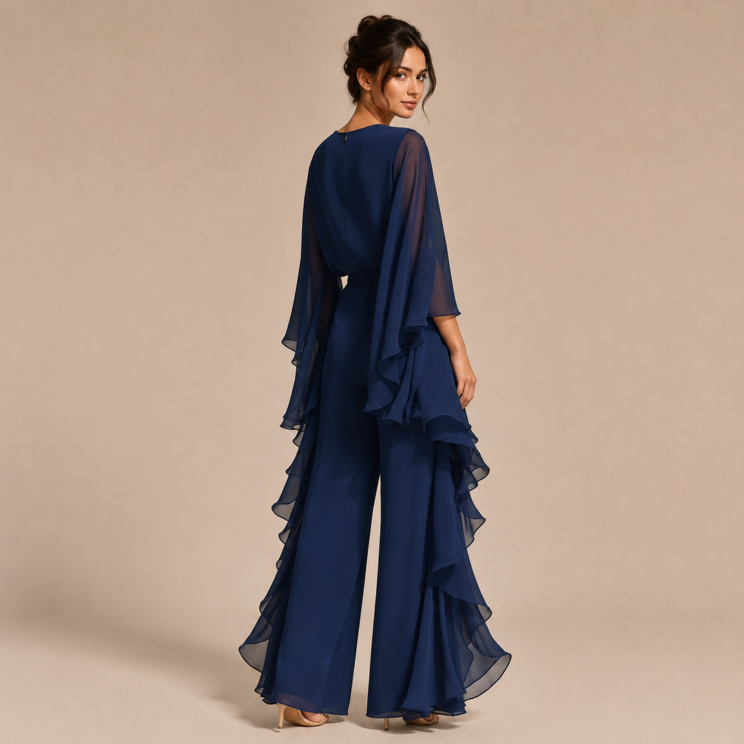 Lourdes – Conjunto de 2 Peças em Chiffon Azul-Marinho com Mangas Fluidas