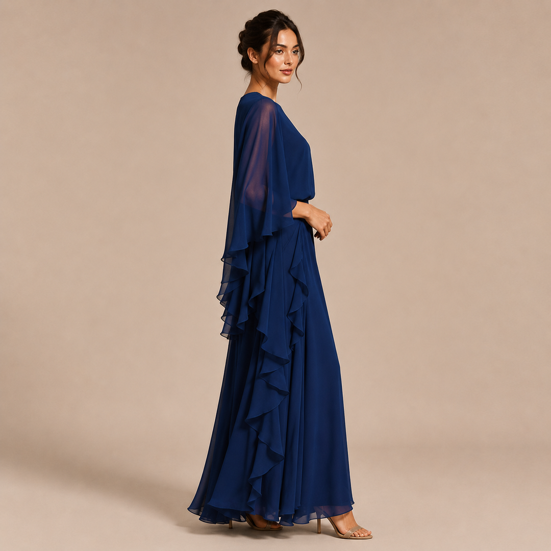 Lourdes – Conjunto de 2 Peças em Chiffon Azul-Marinho com Mangas Fluidas