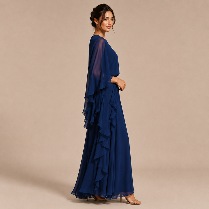 Lourdes – Conjunto de 2 Peças em Chiffon Azul-Marinho com Mangas Fluidas