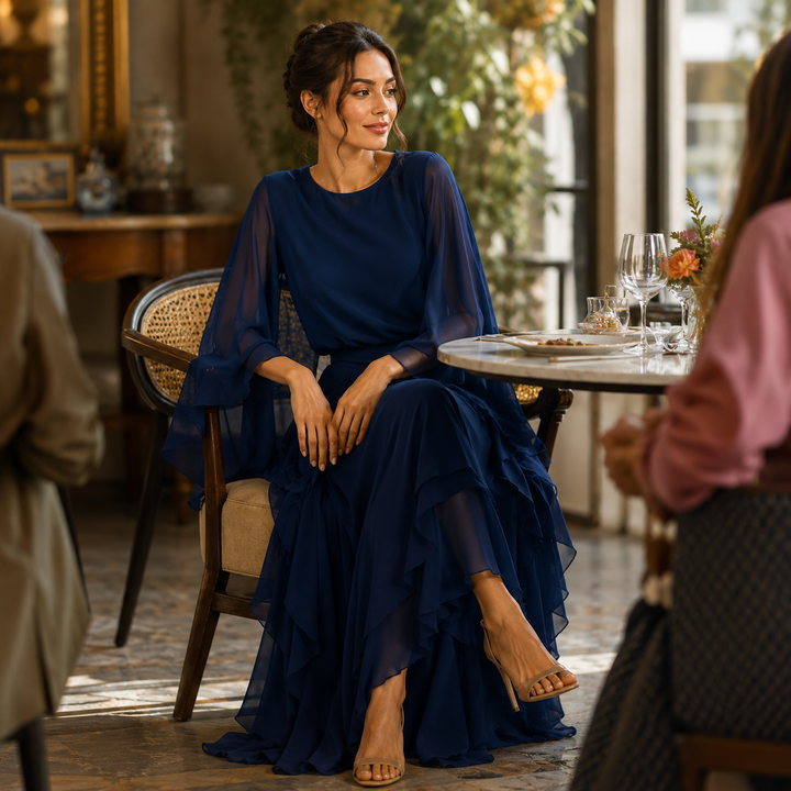 Lourdes – Conjunto de 2 Peças em Chiffon Azul-Marinho com Mangas Fluidas
