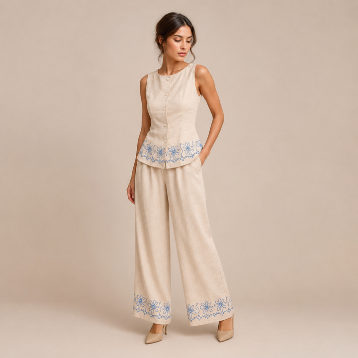 Esperanza – Conjunto de Linho com Bordado Floral e Calças Palazzo