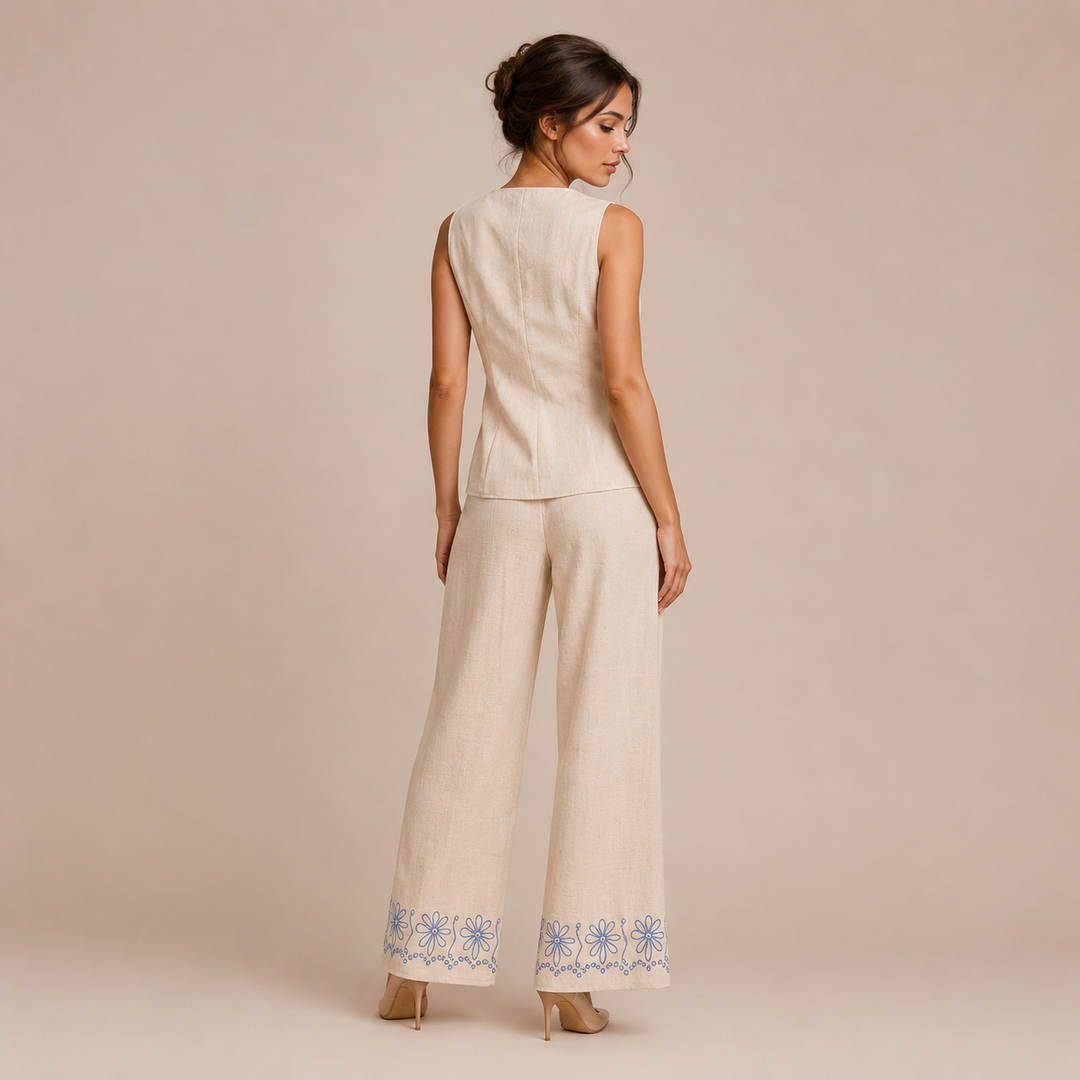 Esperanza – Conjunto de Linho com Bordado Floral e Calças Palazzo