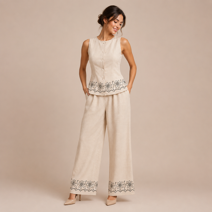Esperanza – Conjunto de Linho com Bordado Floral e Calças Palazzo