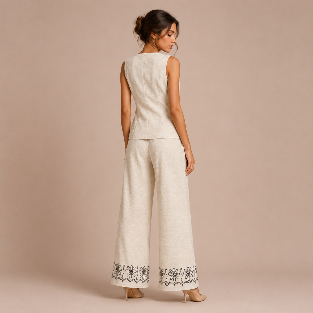 Esperanza – Conjunto de Linho com Bordado Floral e Calças Palazzo