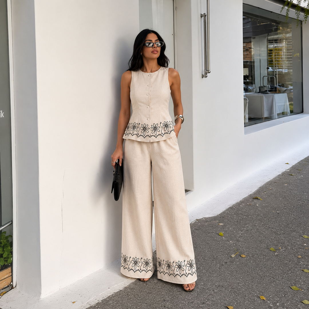 Esperanza – Conjunto de Linho com Bordado Floral e Calças Palazzo