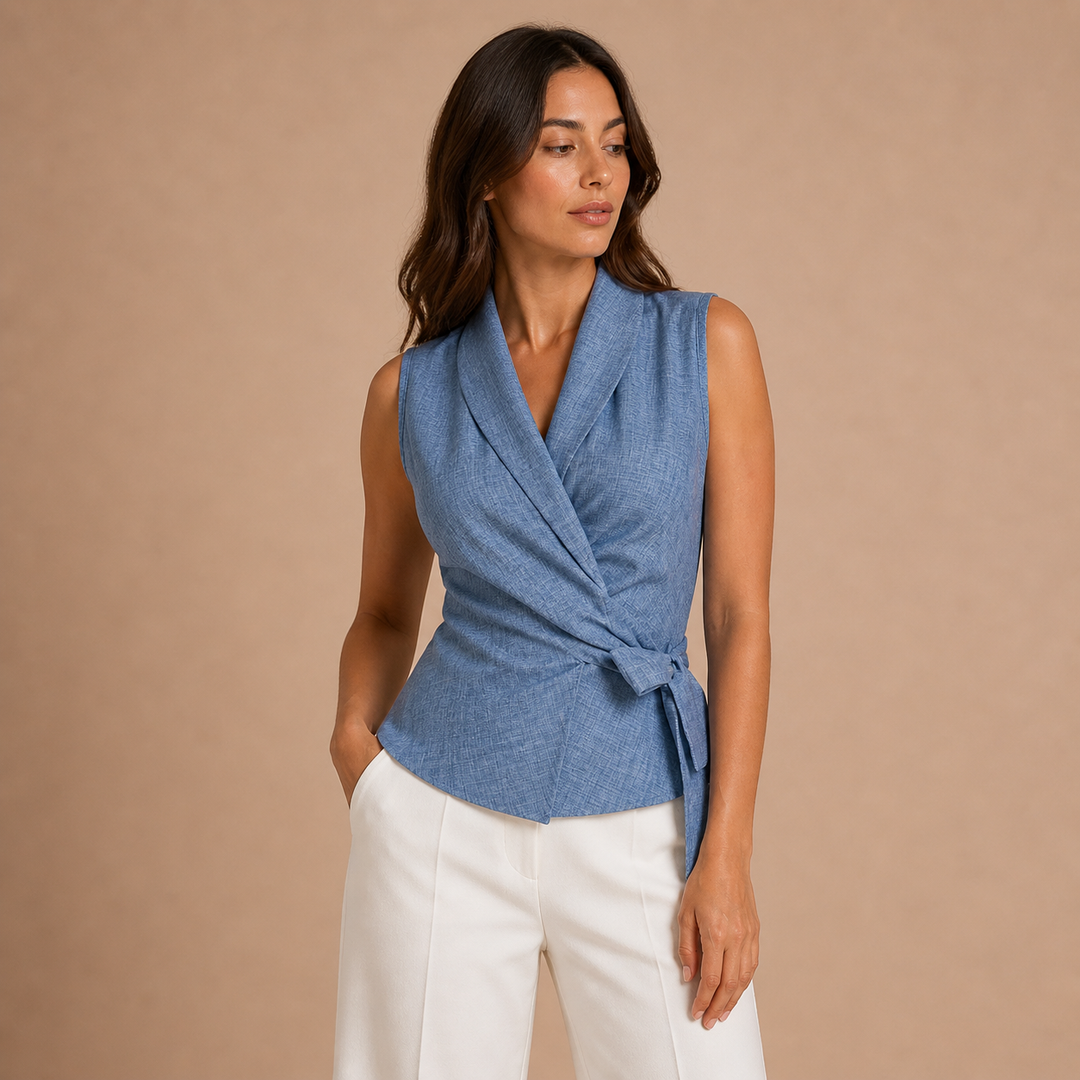 Martina – Blusa Cruzada Sem Mangas de Inspiração Alfaiate