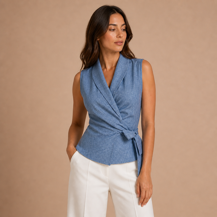 Martina – Blusa Cruzada Sem Mangas de Inspiração Alfaiate