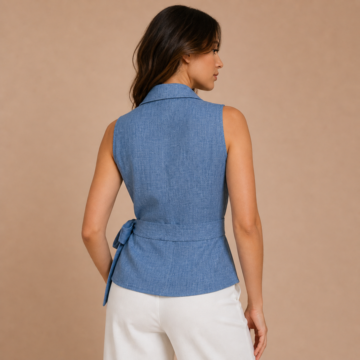 Martina – Blusa Cruzada Sem Mangas de Inspiração Alfaiate
