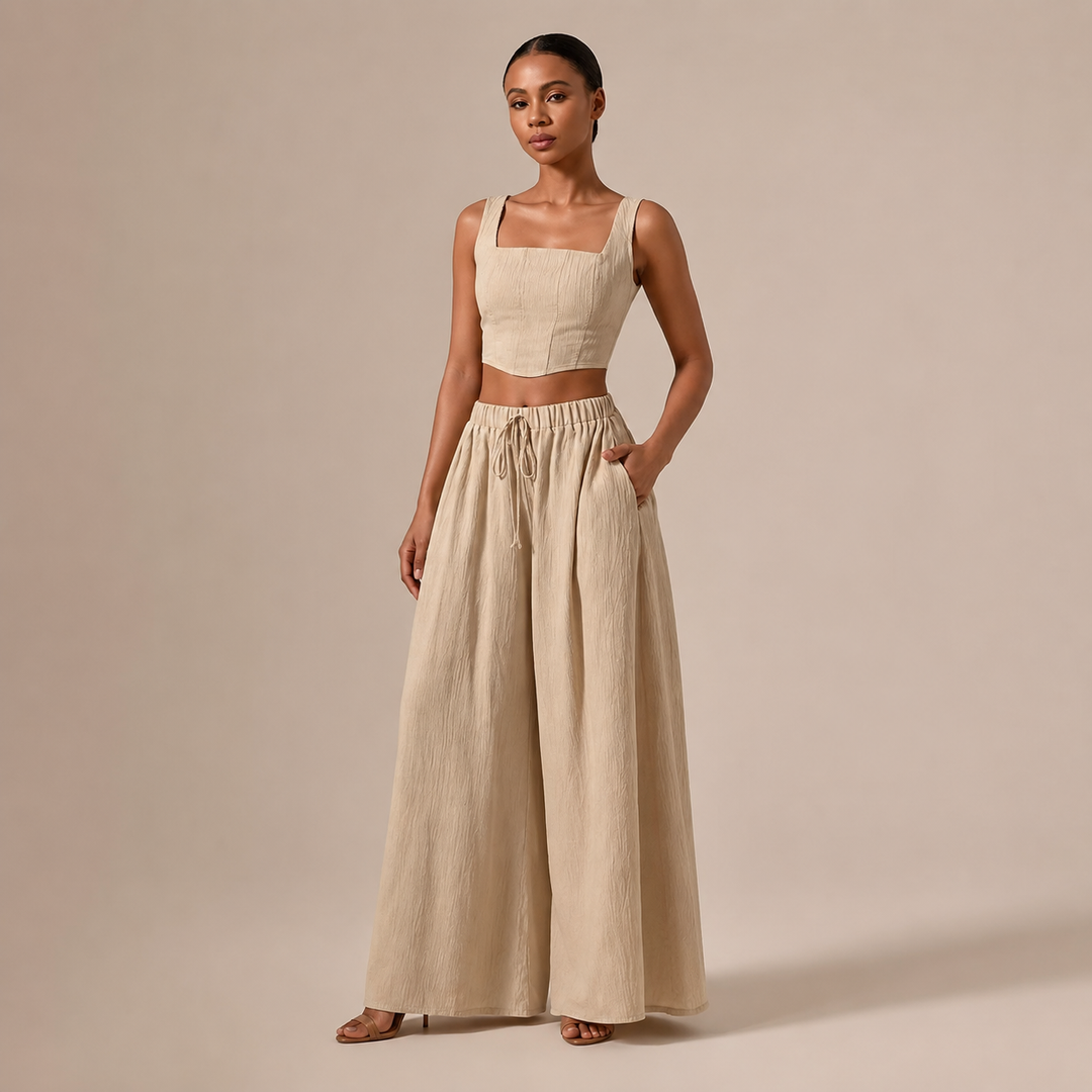 Rocío – Conjunto Crop Top Decote Recto e Calças Palazzo com Cordão