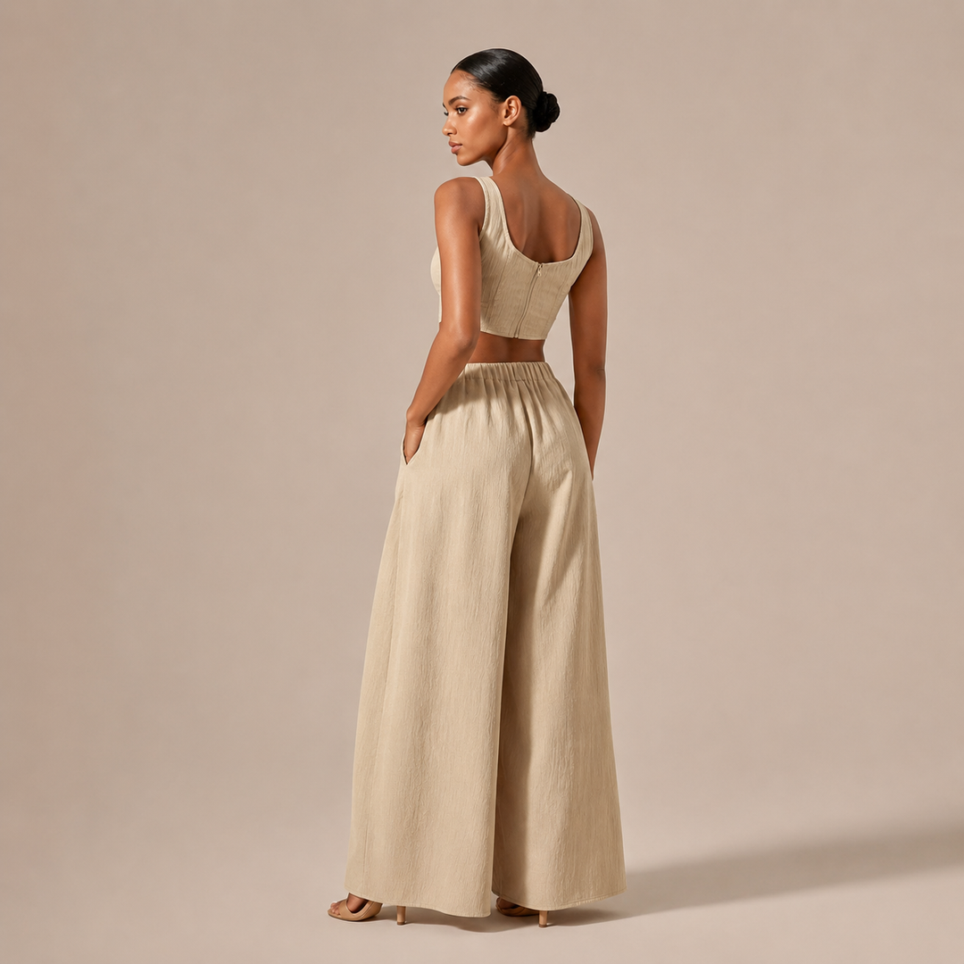 Rocío – Conjunto Crop Top Decote Recto e Calças Palazzo com Cordão