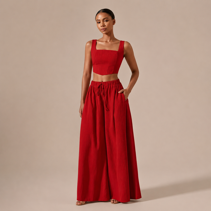 Rocío – Conjunto Crop Top Decote Recto e Calças Palazzo com Cordão