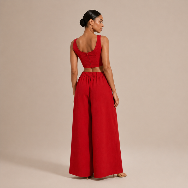 Rocío – Conjunto Crop Top Decote Recto e Calças Palazzo com Cordão