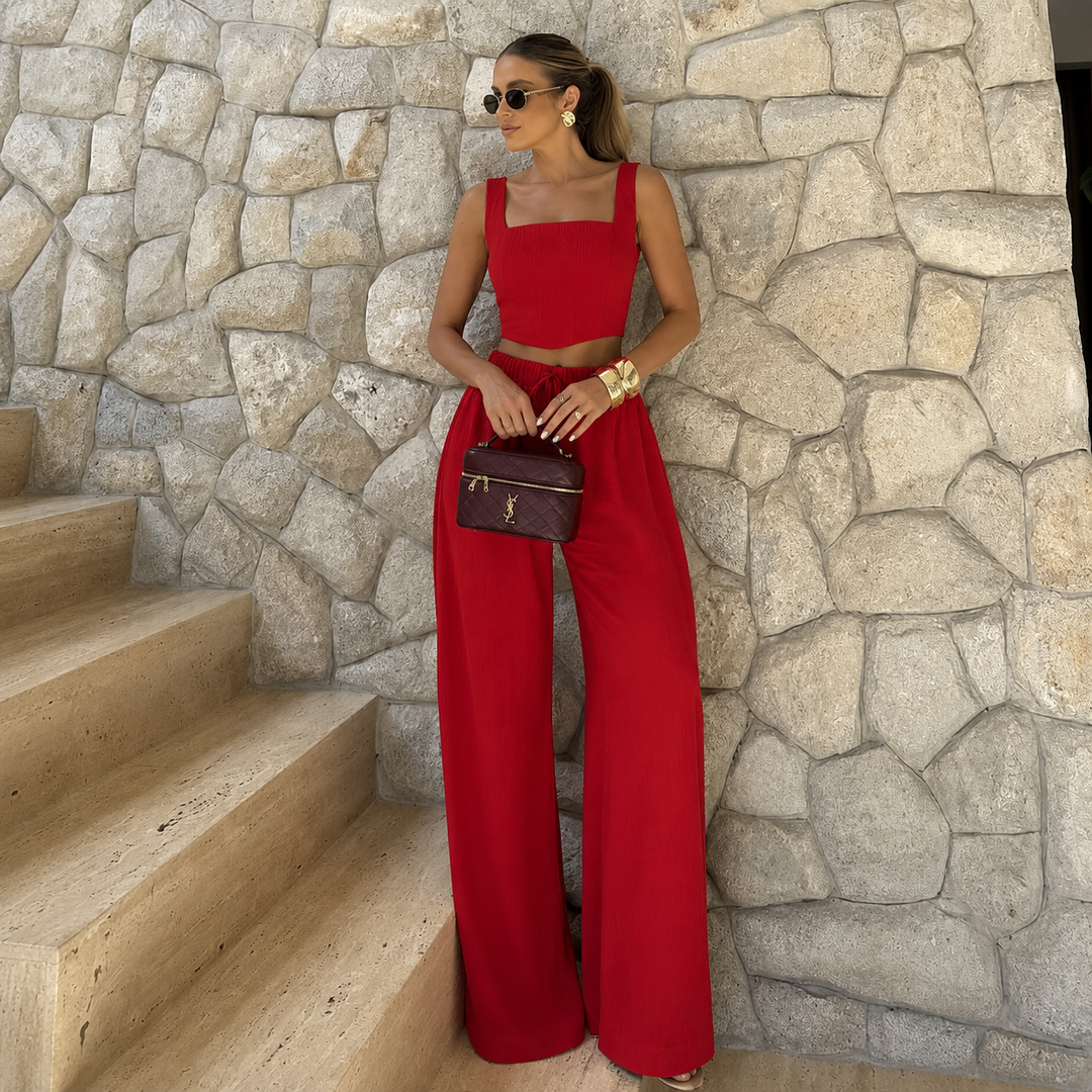 Rocío – Conjunto Crop Top Decote Recto e Calças Palazzo com Cordão