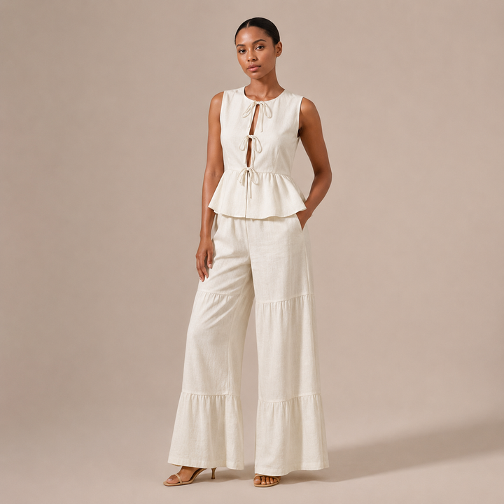 Lúcia – Conjunto de Linho, Top com Laços e Calças Palazzo com Folhos