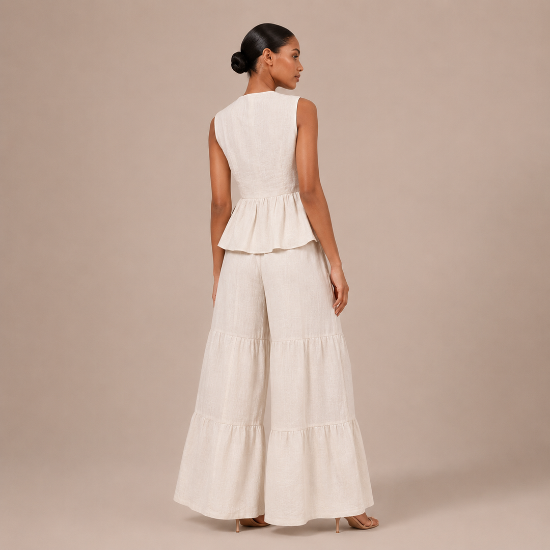 Lúcia – Conjunto de Linho, Top com Laços e Calças Palazzo com Folhos