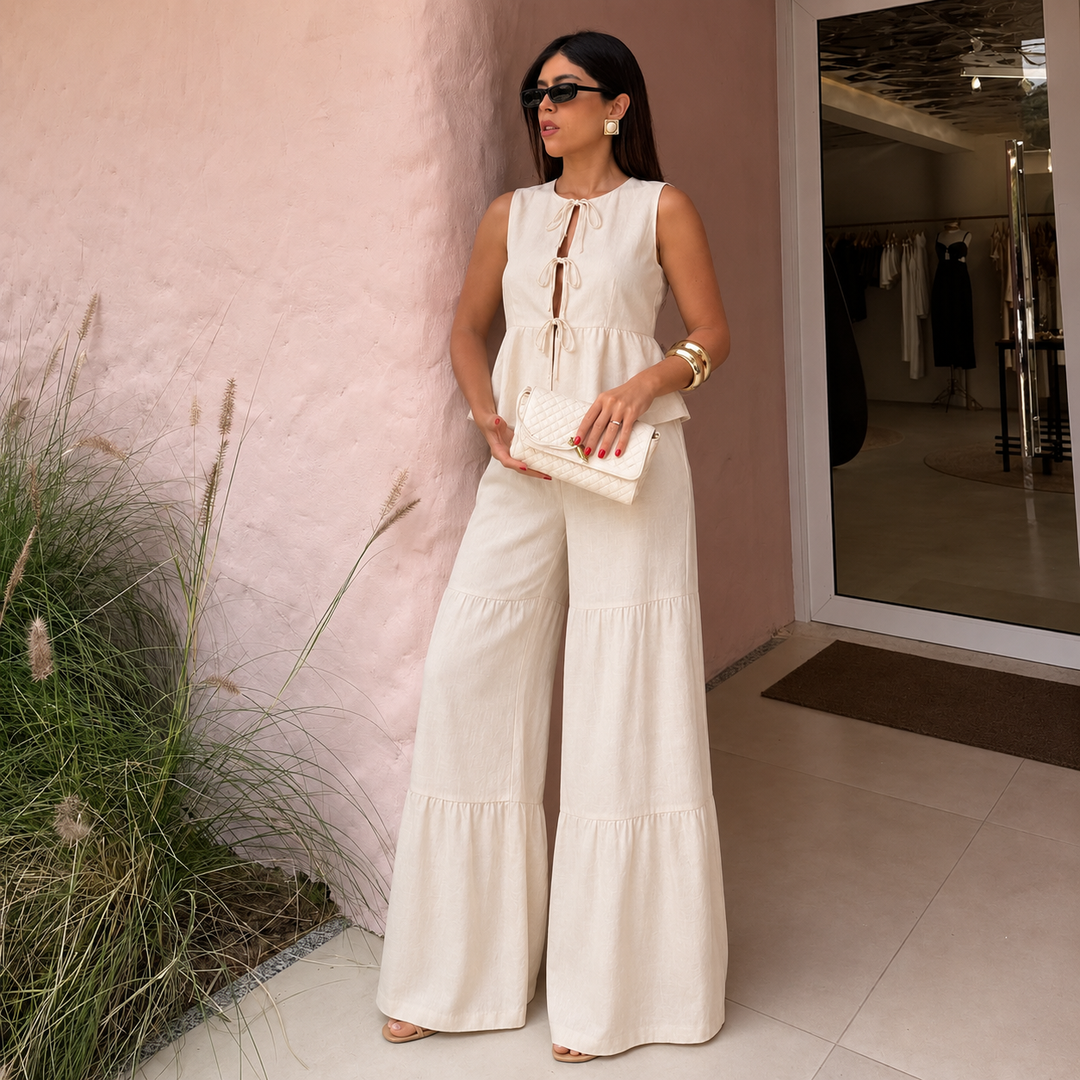 Lúcia – Conjunto de Linho, Top com Laços e Calças Palazzo com Folhos