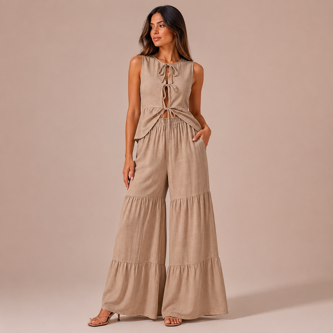 Lúcia – Conjunto de Linho, Top com Laços e Calças Palazzo com Folhos