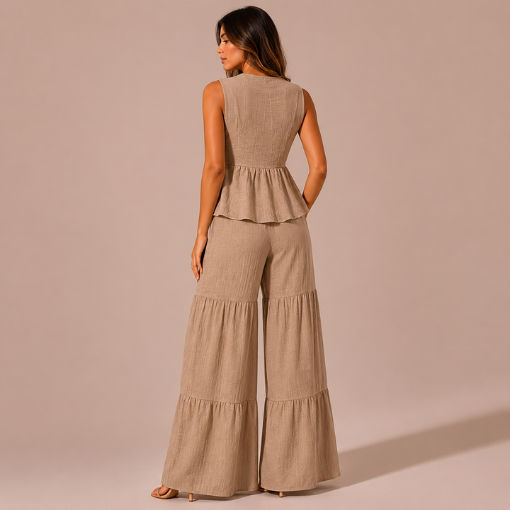 Lúcia – Conjunto de Linho, Top com Laços e Calças Palazzo com Folhos