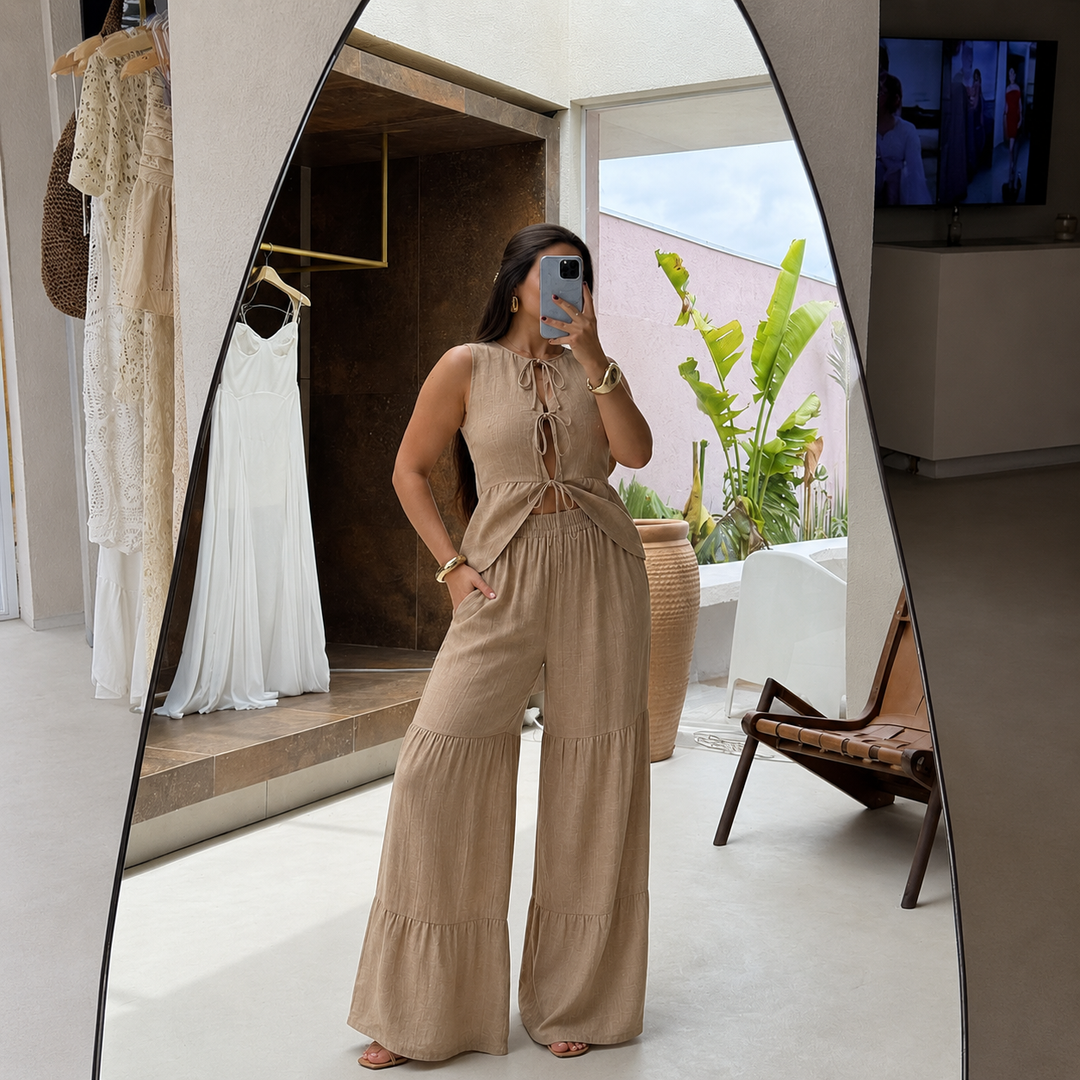 Lúcia – Conjunto de Linho, Top com Laços e Calças Palazzo com Folhos