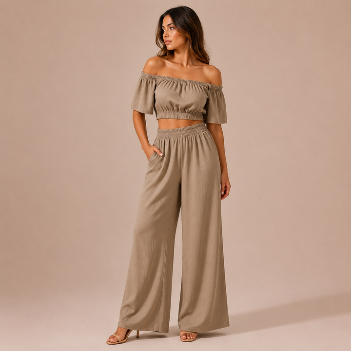 Isa – Conjunto Crop Top Ombros Descobertos e Calças Palazzo