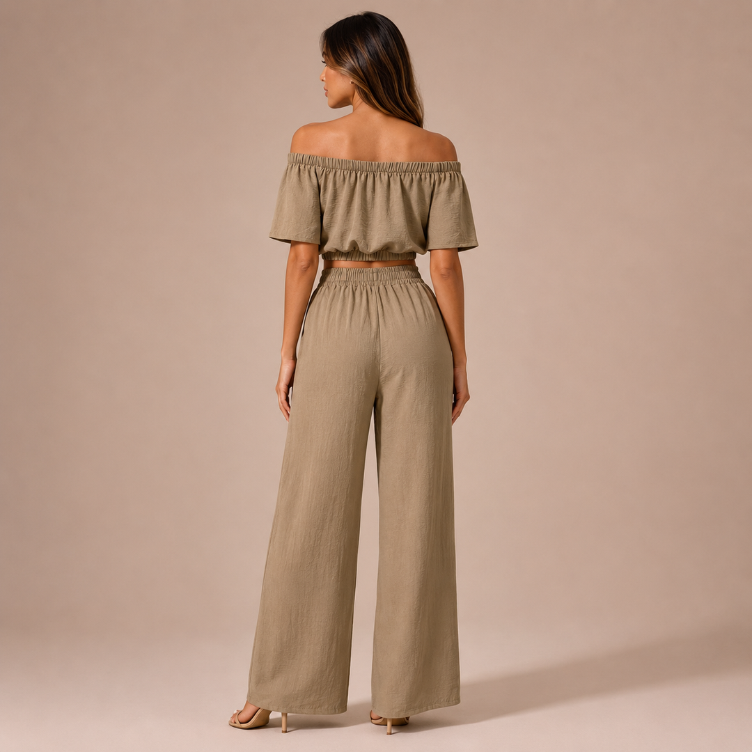 Isa – Conjunto Crop Top Ombros Descobertos e Calças Palazzo