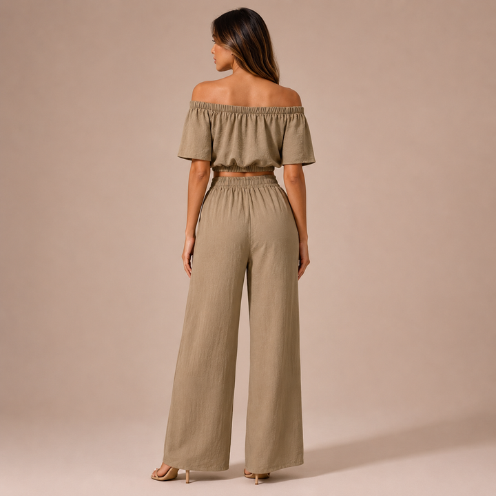 Isa – Conjunto Crop Top Ombros Descobertos e Calças Palazzo