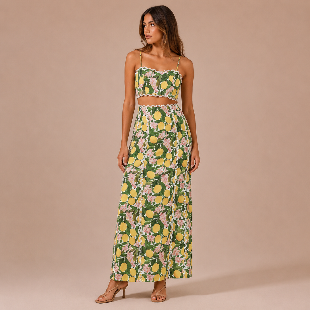 Maria – Conjunto Estampado de Limões com Crop Top de Alças e Saia Maxi