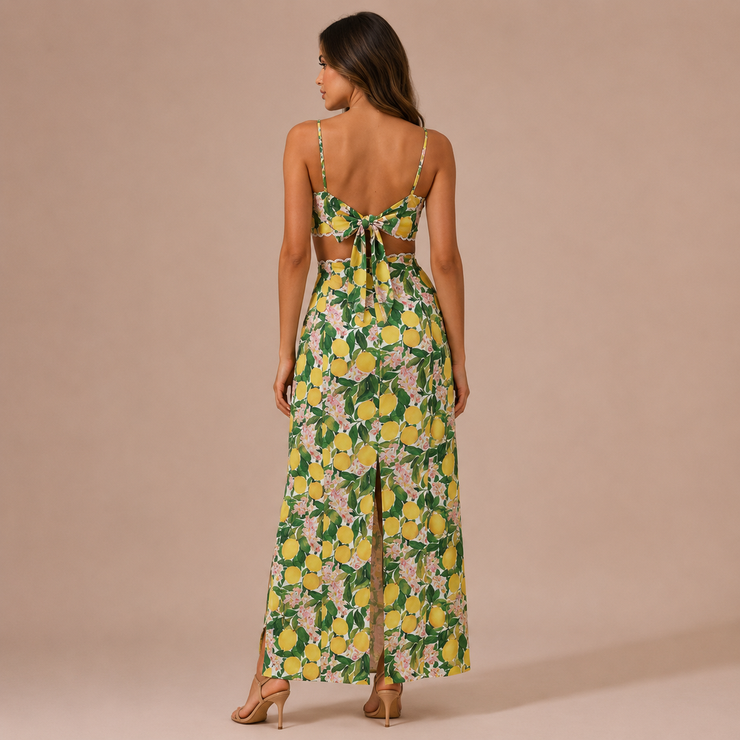 Maria – Conjunto Estampado de Limões com Crop Top de Alças e Saia Maxi
