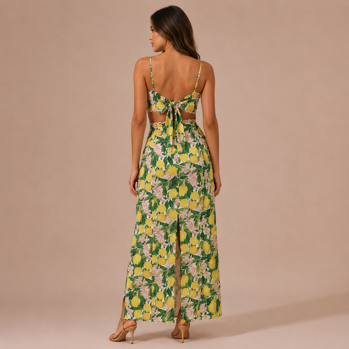Maria – Conjunto Estampado de Limões com Crop Top de Alças e Saia Maxi