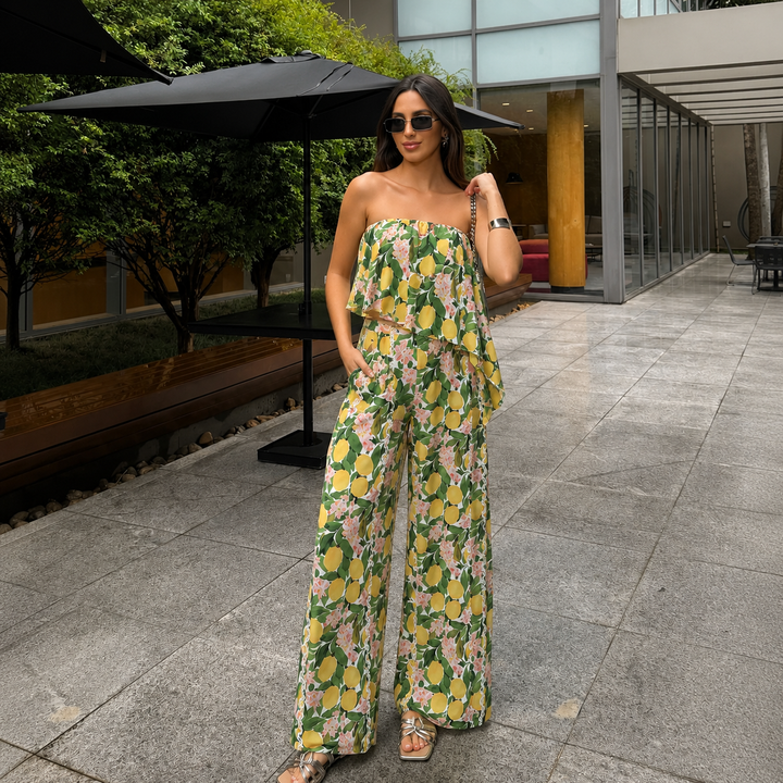 Maria – Conjunto Estampado de Limões com Crop Top de Alças e Saia Maxi