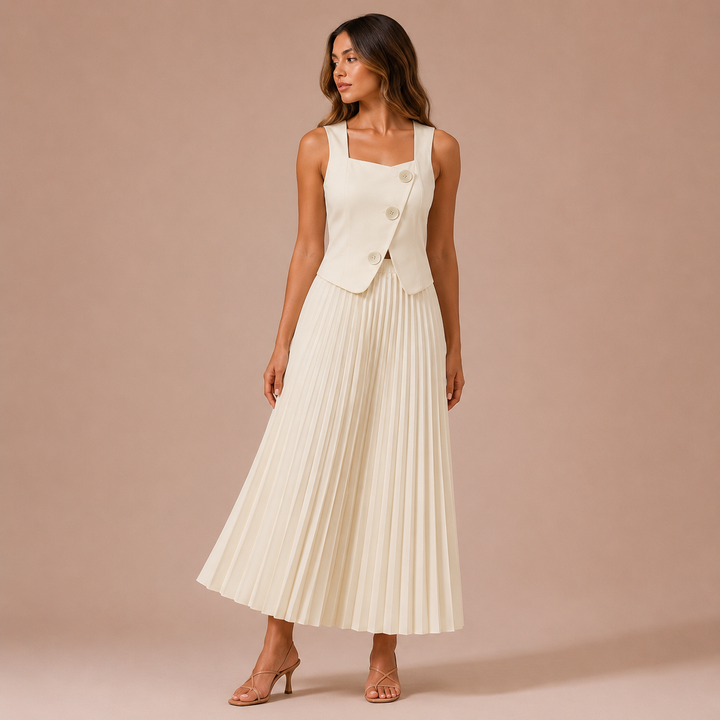 Sara – Conjunto Colete com Botões e Saia Midi Plissada