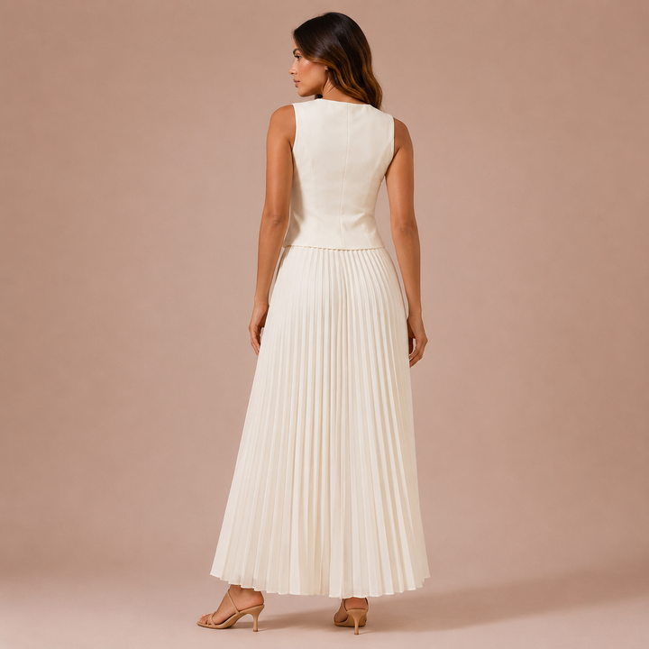 Sara – Conjunto Colete com Botões e Saia Midi Plissada