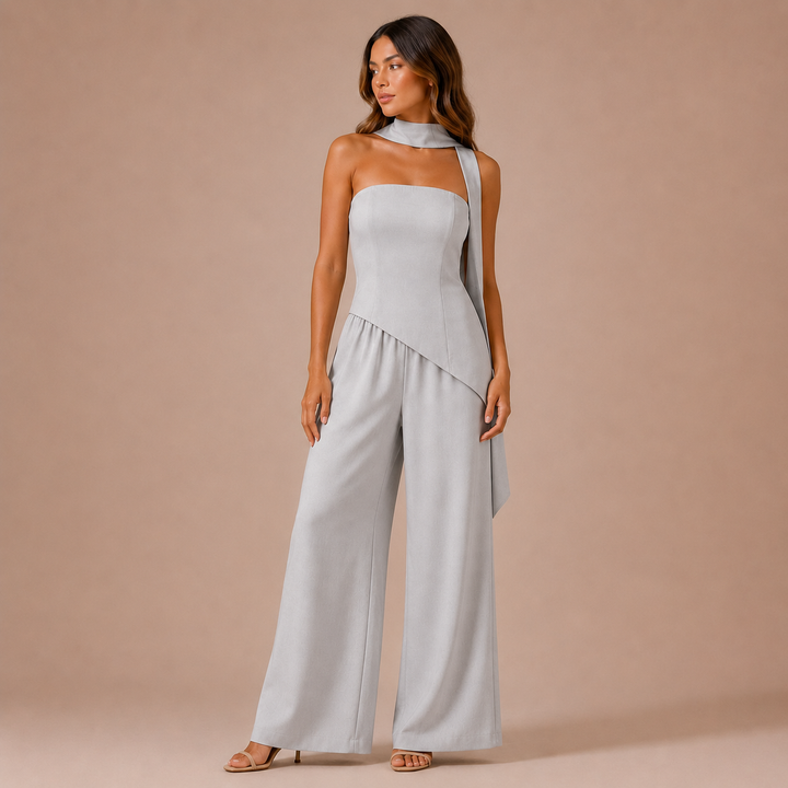 Victoria – Conjunto Top Strapless Assimétrico com Lenço ao Pescoço e Calças Palazzo