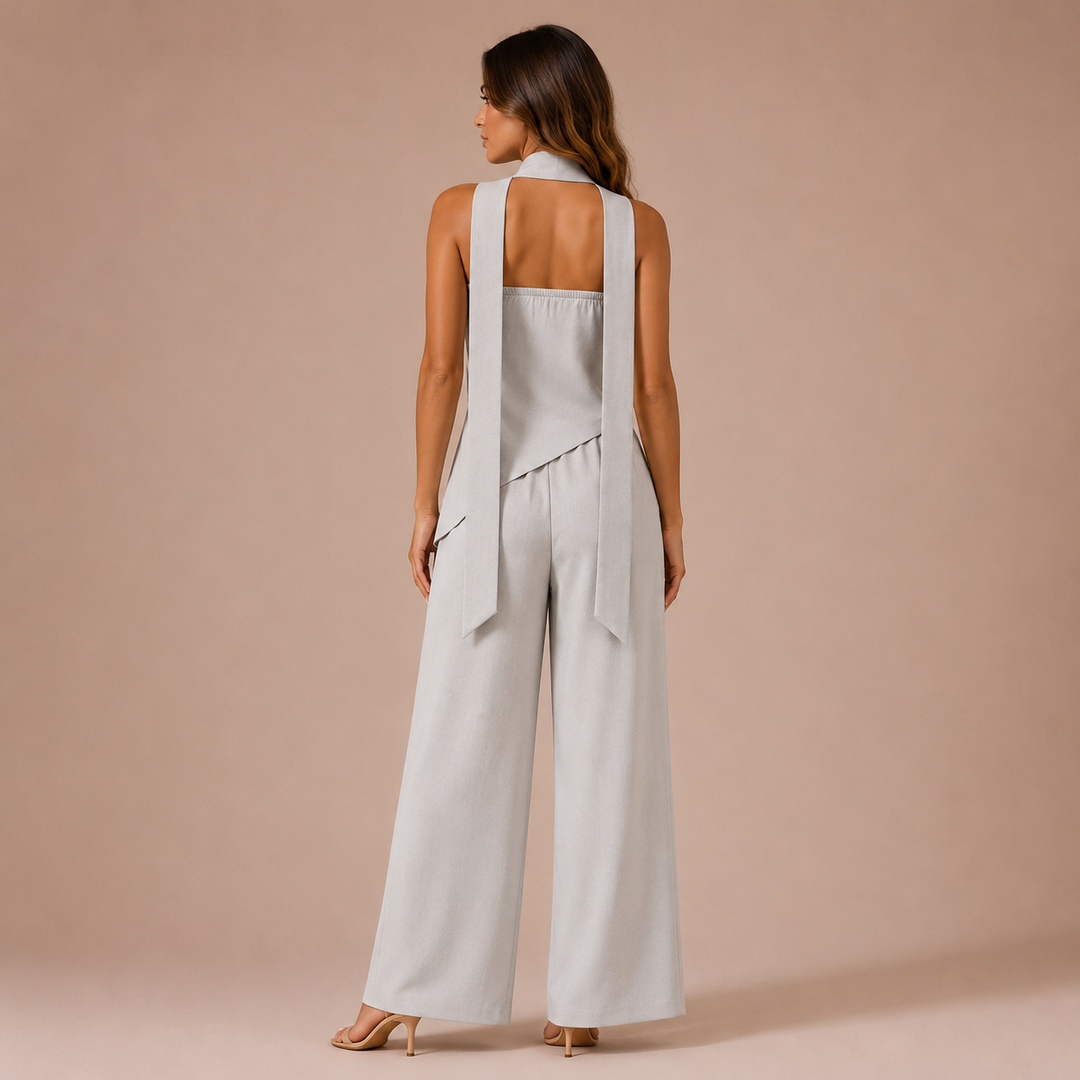 Victoria – Conjunto Top Strapless Assimétrico com Lenço ao Pescoço e Calças Palazzo
