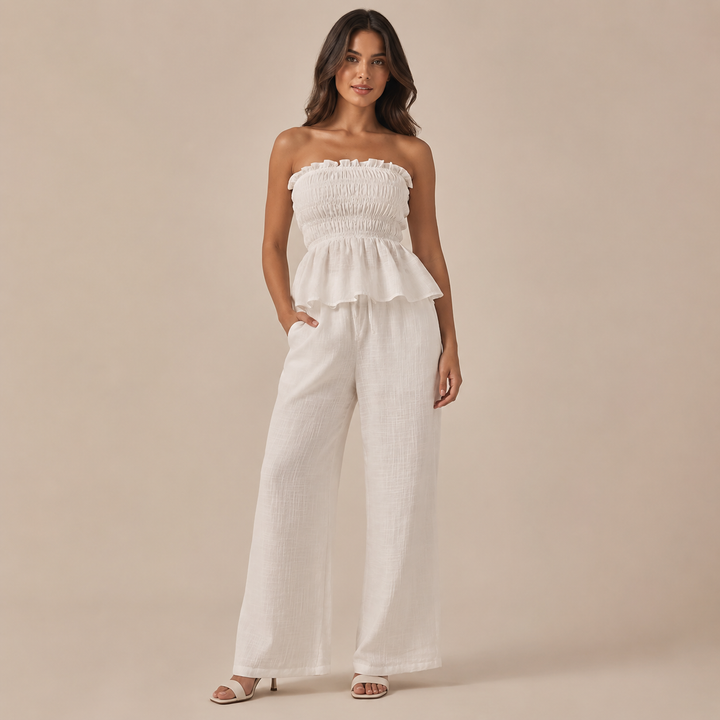 Núria – Conjunto Top Strapless Franzido com Folho e Calças Palazzo de Linho