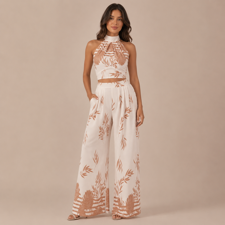Valéria – Conjunto Estampado Tropical, Crop Top Halter e Calças Palazzo