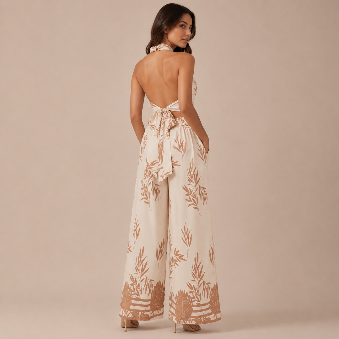 Valéria – Conjunto Estampado Tropical, Crop Top Halter e Calças Palazzo