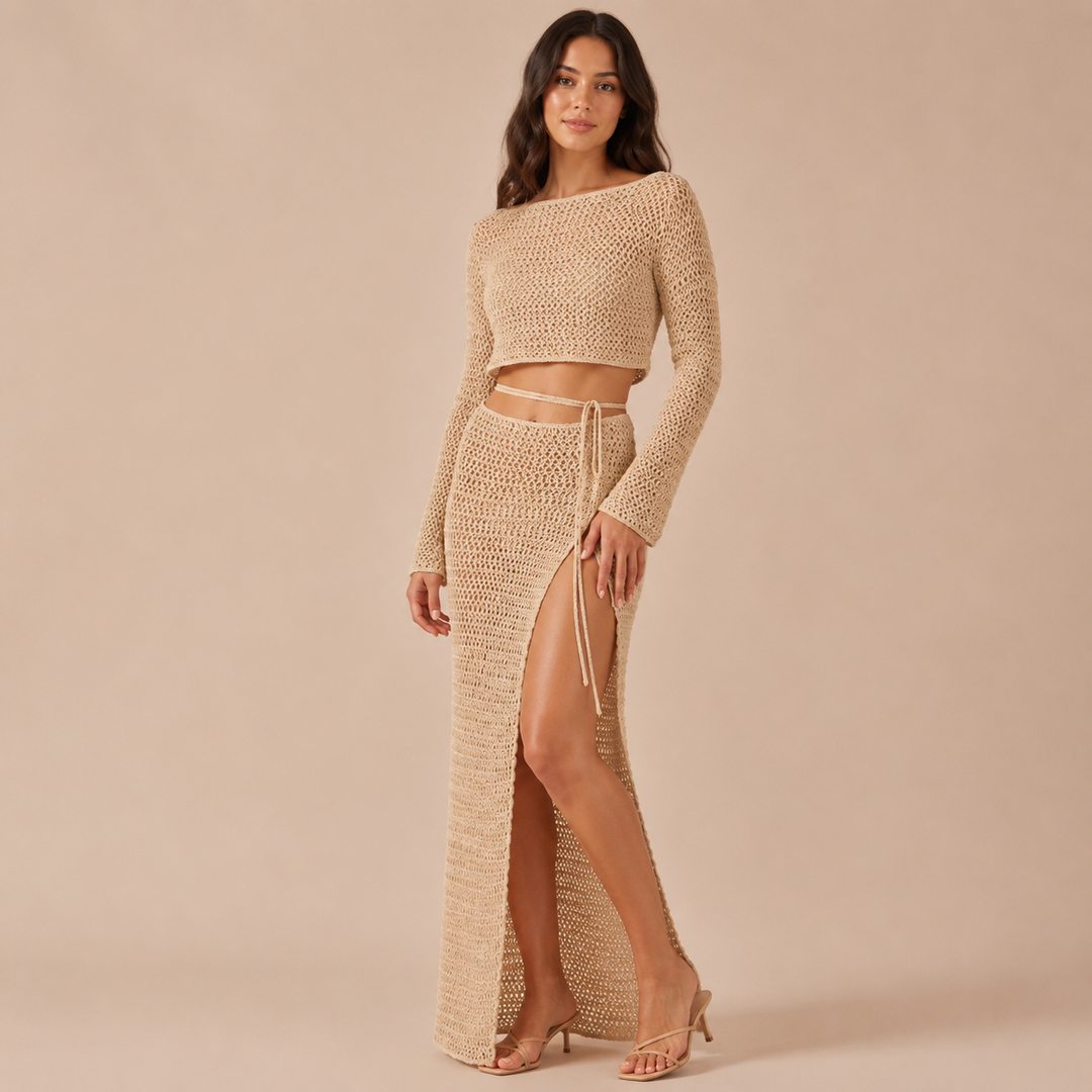 Mireia – Conjunto Crochet com Crop Top de Manga Comprida e Saia Maxi