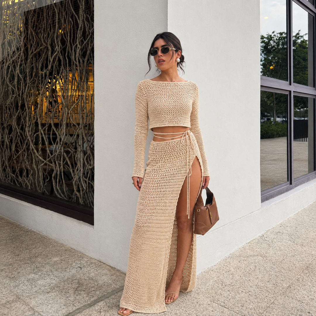 Mireia – Conjunto Crochet com Crop Top de Manga Comprida e Saia Maxi