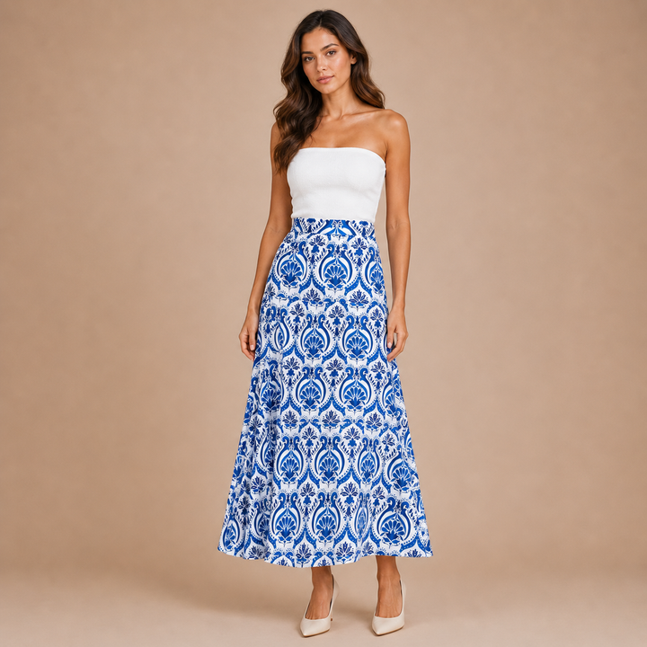 Iria – Saia Midi Fluida com Estampado Ornamental