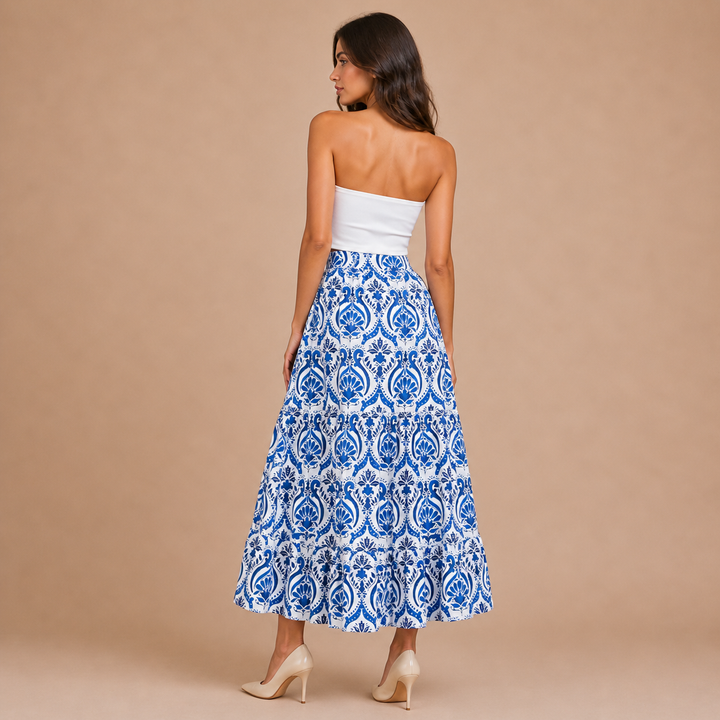 Iria – Saia Midi Fluida com Estampado Ornamental