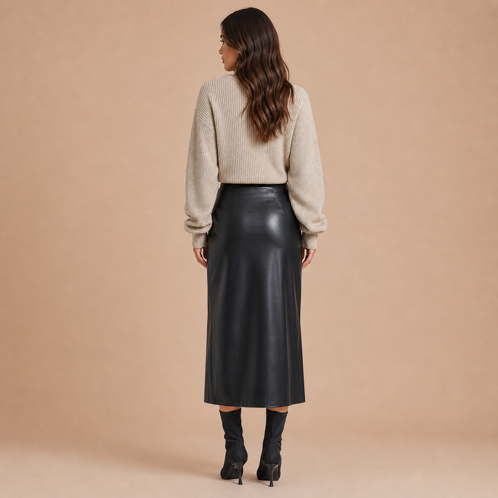 Jana – Saia Midi Efeito Pele com Abertura Lateral Limpa