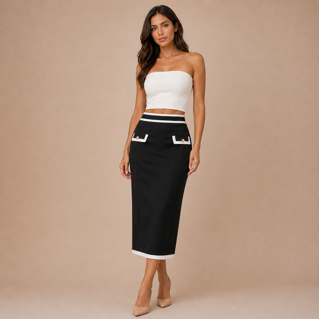 Letícia – Saia Midi Estruturada com Detalhes em Contraste e Bolsos Decorativos