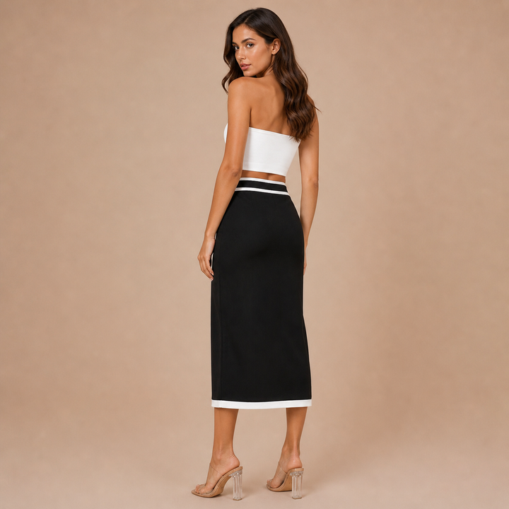 Letícia – Saia Midi Estruturada com Detalhes em Contraste e Bolsos Decorativos