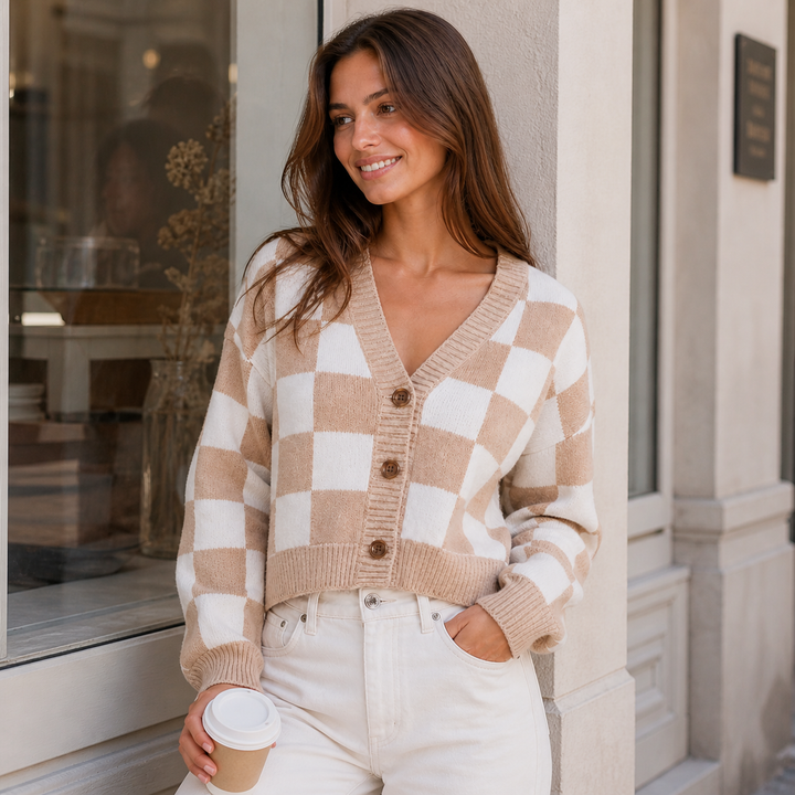 Leyre – Cárdigan Cropped de Xadrez Bicolor com Ar Retro Descontraído